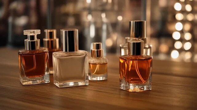 Close-up of various perfume bottles with gold tops and clear glass, arranged on a wooden surface, with bokeh background of lights