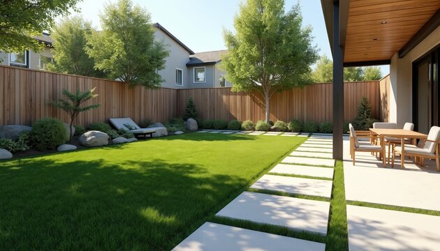 Modern backyard with green lawn, stone pathway. Wood fence surrounds garden area with patio furniture under covered roof. Minimalist landscaping creates tranquil outdoor living space for relaxation,