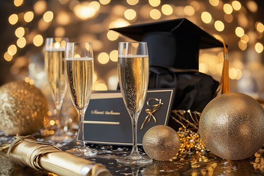Graduation party table arrangement featuring a cap, diploma, champagne glasses, and golden decorations