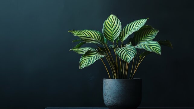 147.Calathea in a simple pot exhibiting wilted foliage and patchy leaf texture, subtle shadows highlighting symptoms of poor care and disease
