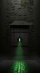 Ancient stone archway conceals a thick wooden barrier illuminated by eerie green light escaping from a keyhole
