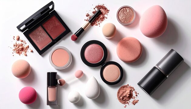 Flat lay of various makeup products and beauty tools arranged on a white surface.
