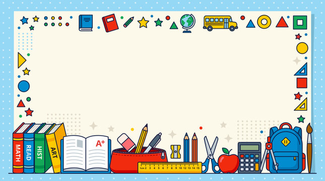 Back to School Frame with Educational Supplies and Geometric Shapes