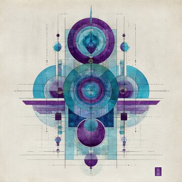 Geometric Harmony: Abstract Artwork with Circles and Symmetry in Cool Tones