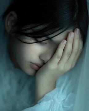 Pensive Woman Covering Face with Hand in Soft Light: Emotional Portrait