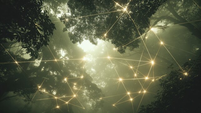 Forest Canopy Interconnected by Glowing Network: Nature and Technology Blend