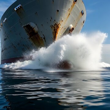 A massive cargo ship's rusty bow powerfully slices through ocean waves, creating a dramatic splash.