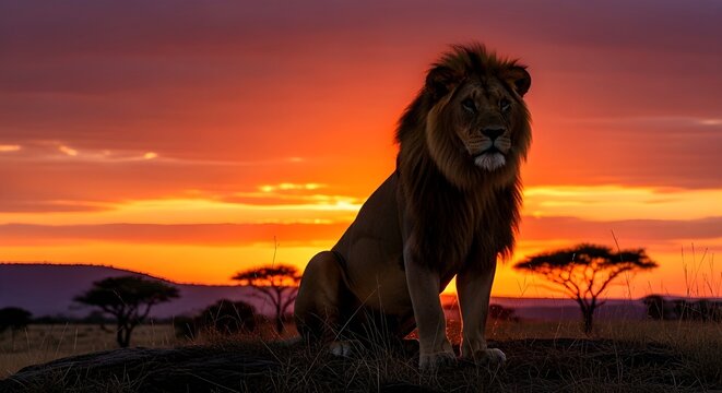 Singa jantan bersurai keemasan saat matahari terbenam Afrika, simbol kekuatan, kebijaksanaan, dan keagungan alam liar.