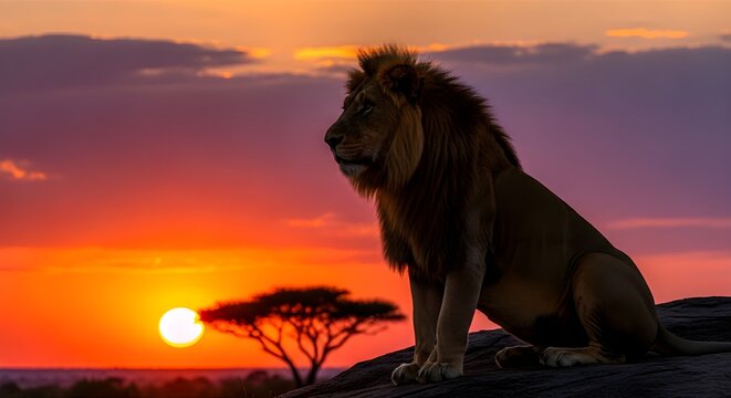 Singa jantan bersurai keemasan saat matahari terbenam Afrika, simbol kekuatan, kebijaksanaan, dan keagungan alam liar