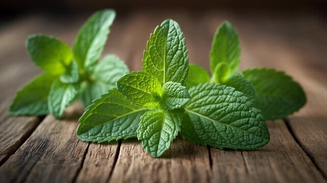 Close-up of vibrant green mint leaves on a weathered wooden surface. The focus is sharp on the leaves, textures emphasized with subtle lighting