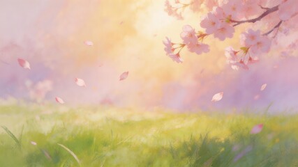Fototapeta premium A dreamy spring landscape with pink cherry blossoms in bloom, floating petals, and lush green grass under soft, warm sunlight. Serene and peaceful natural scenery.