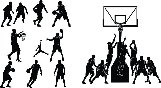 Basketball Players Silhouette Collection Featuring Athletes Dribbling Jumping Shooting and Slam Dunking Near Hoop for Sports Design Vector Illustration