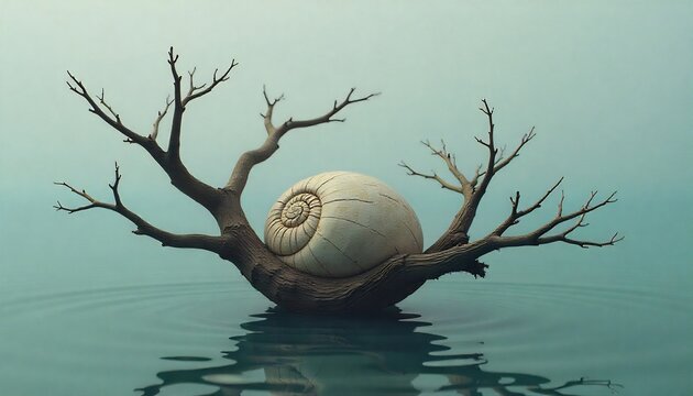 Surreal image of a snail shell on a dead tree branch in calm water.