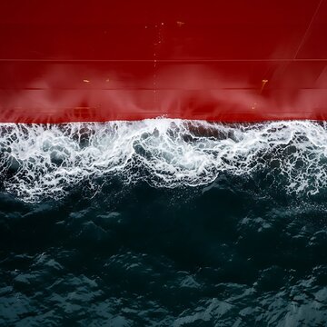 Aerial view captures dramatic red ship hull meeting dark, churning ocean water surface texture