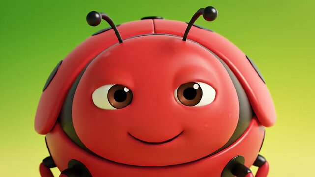Cute red cartoon ladybug character smiling in a vibrant close-up view.