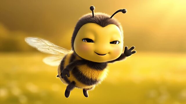 A cute cartoon bee is happily flying and waving in a sunny golden field.