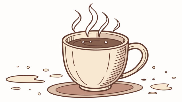 A steaming cup of coffee on a saucer with spilled droplets around it