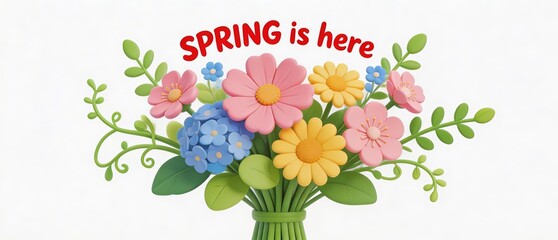 Naklejka premium Illustration of a colorful spring bouquet with various flowers and greenery, featuring text 'SPRING is here'. Vibrant and decorative floral design for seasonal themes.