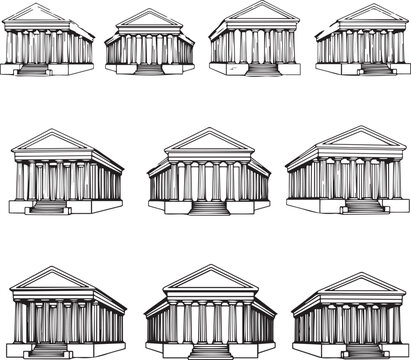 Collection of Greek Roman temple facades with columns and pediments ancient building classical architecture