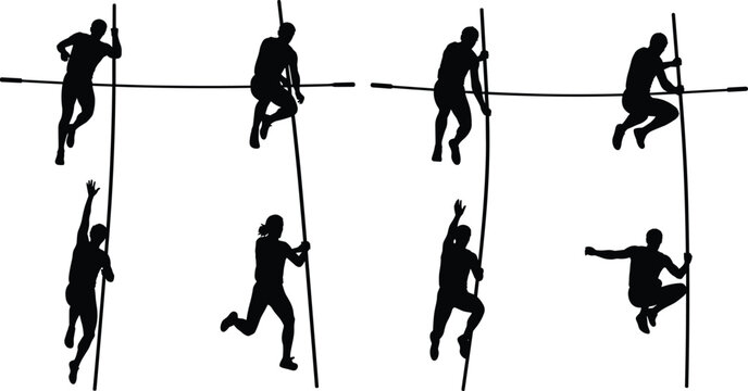 Black silhouettes of pole vault athletes jumping, climbing, and soaring over crossbars during track and field competition on white background.