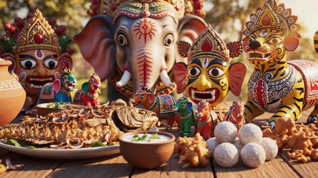 Vibrant pohela boishakh celebration with traditional hilsha fish, sweets, and ornate masks.