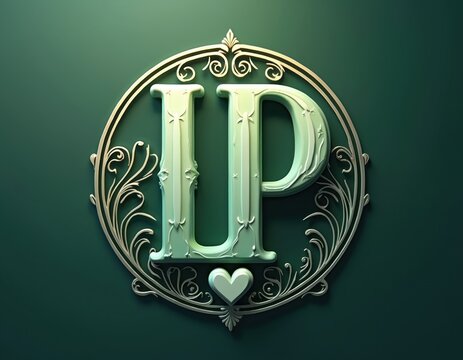 Ornate green initials LP within circle frame. Decorative emblem features heart detail. Elegant monogram design for branding or personal use.