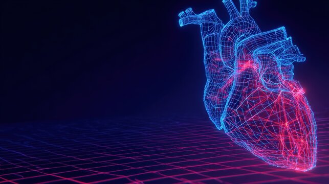 An illuminating, wireframe depiction of the heart, pulsing with vibrant energy, dominates the scene. ..Created with Generative AI, not depicting real subjects.