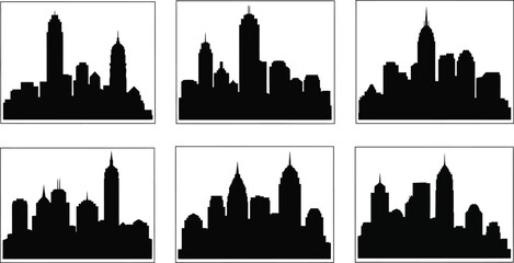 Collection of six diverse aircraft silhouettes, black vector icons of helicopters, fighter jets, and vintage biplanes isolated on white. © Only