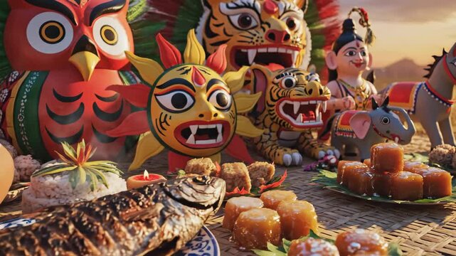 Vibrant pohela boishakh bengali celebration featuring traditional masks, hilsha fish, and sweets in warm light.