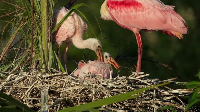 Two cute roseate spoonbill chicks in the nest, one soft touch another one