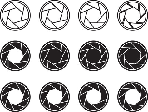 Twelve camera aperture with varying blade openings and fill colors lens diaphragm f-stop