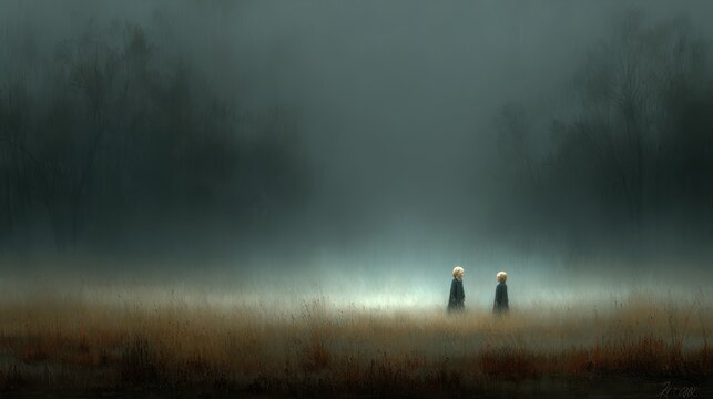 Two Figures Wander In Foggy Meadow, Mysterious and Serene Landscape