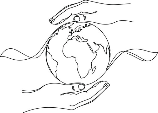Hands holding the earth with a flowing ribbon