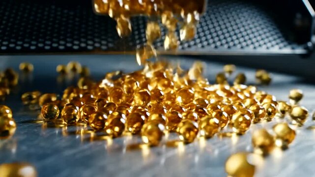 Golden pellets pouring onto metal surface.