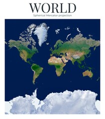 World Map. Spherical Mercator projection. High Detail Physical Map of The World. Raster Graphic Illustration. © Eugene Ga
