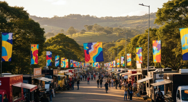 Vibrant Outdoor Festival with Colorful Flags and Food Trucks in a Scenic Setting