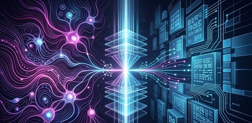 Obraz premium Human Neural Network Connecting to Artificial Intelligence Data System