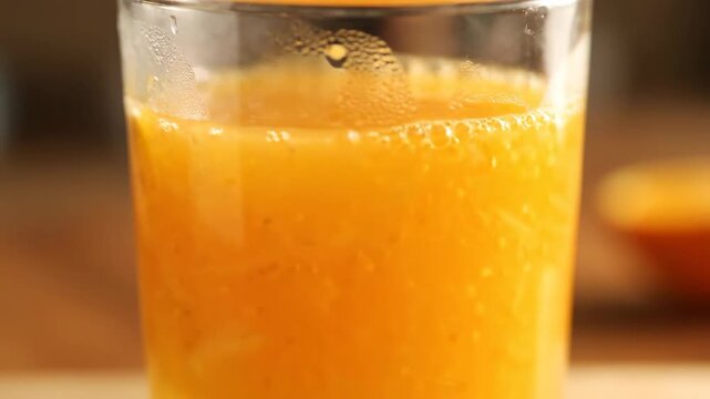 Fresh orange juice pouring into glass with pulp and vibrant citrus texture close-up macro shot