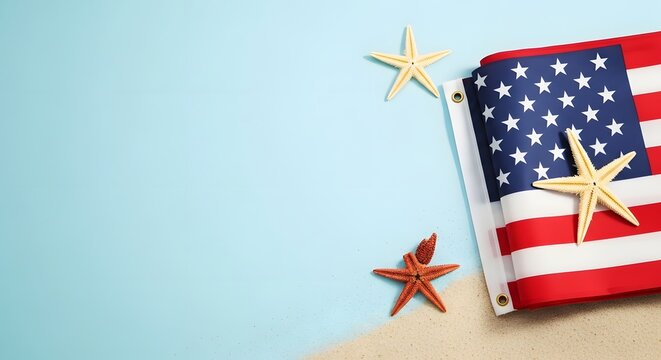Labor day celebration with american flag and starfish on the beach