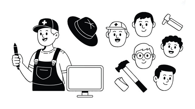 Black and white illustration of a worker with various tools and faces