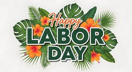Fototapeta premium Happy labor day wishes with tropical leaves and flowers