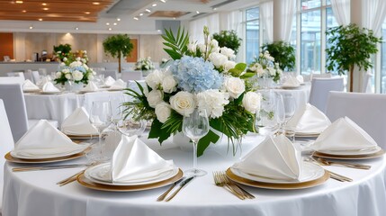 Fototapeta premium Elegant event table settings with blue hydrangea centerpiece