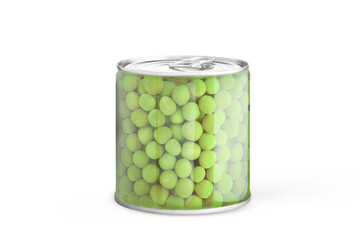 Creative Composite Packaging Design of Canned Green Peas with Pull Tab – Stylized Glass Jar Appearance Showcasing Product Inside, Isolated on White Background for Healthy Food Marketing