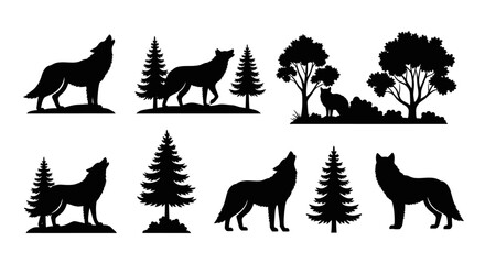 Black wolf and forest scene design elements on transparent background silhouette © Muskan