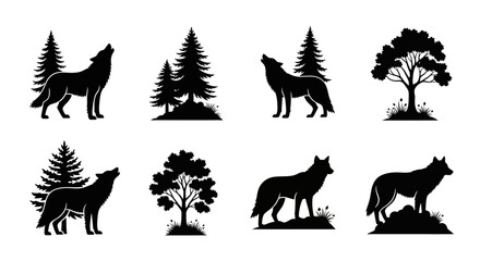 Fototapeta premium Black silhouettes of howling wolves and trees on transparent background