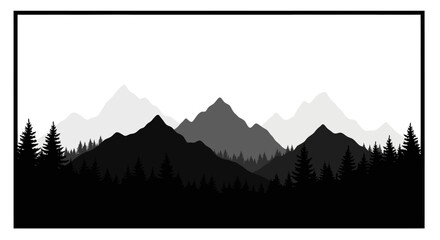 Dramatic mountain range landscape with trees on transparent background silhouette © Muskan