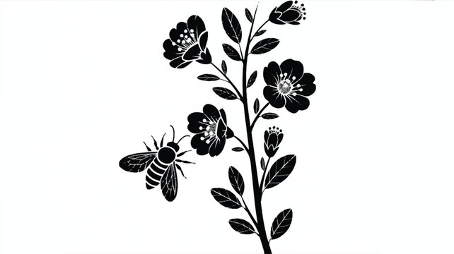 black and white image of a bee flying near a flower branch