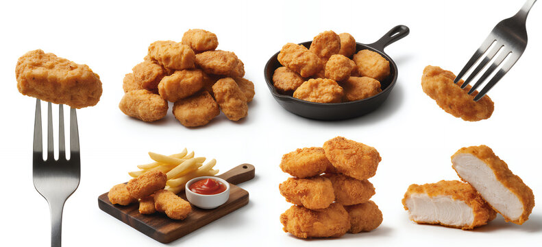 Chicken nuggets on forks and plates food snack fried crispy