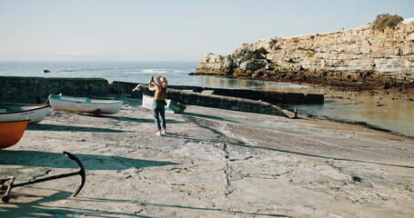 Phone, travel and photography with woman at beach for influencer, social media post and summer vacation. Content creator, blog and tourist with person outdoor for profile picture and status update