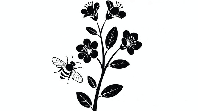 black silhouette of a bee flying near a flower branch